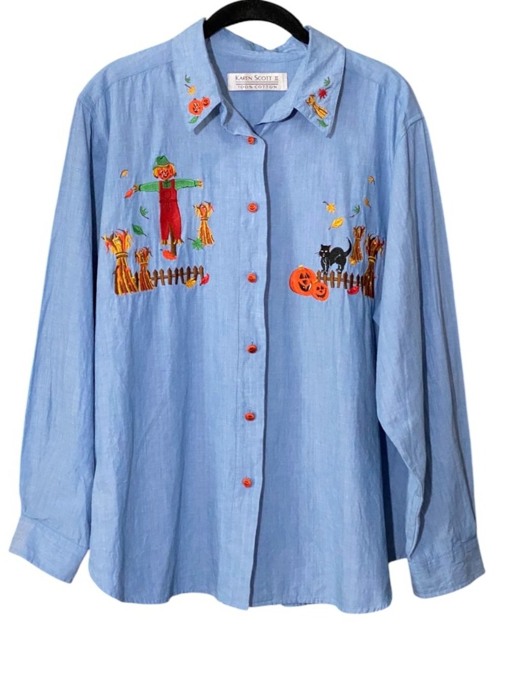 Vintage Chambray Halloween Pumpkin Shirt Sz 1X Embroidered Cotton Fall Teacher - Picture 2 of 8
